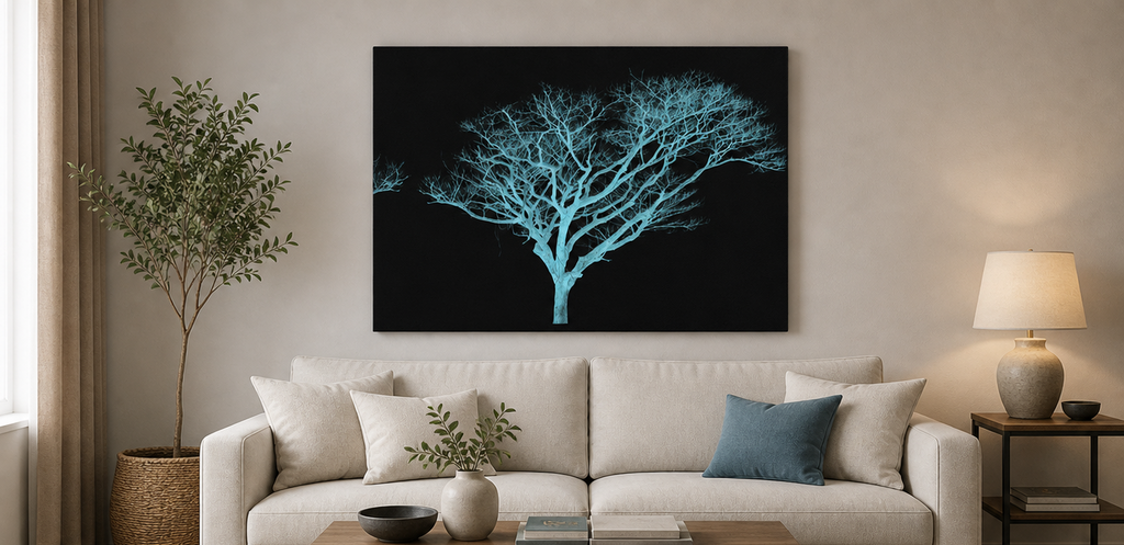 Tree themed wall art in a living room