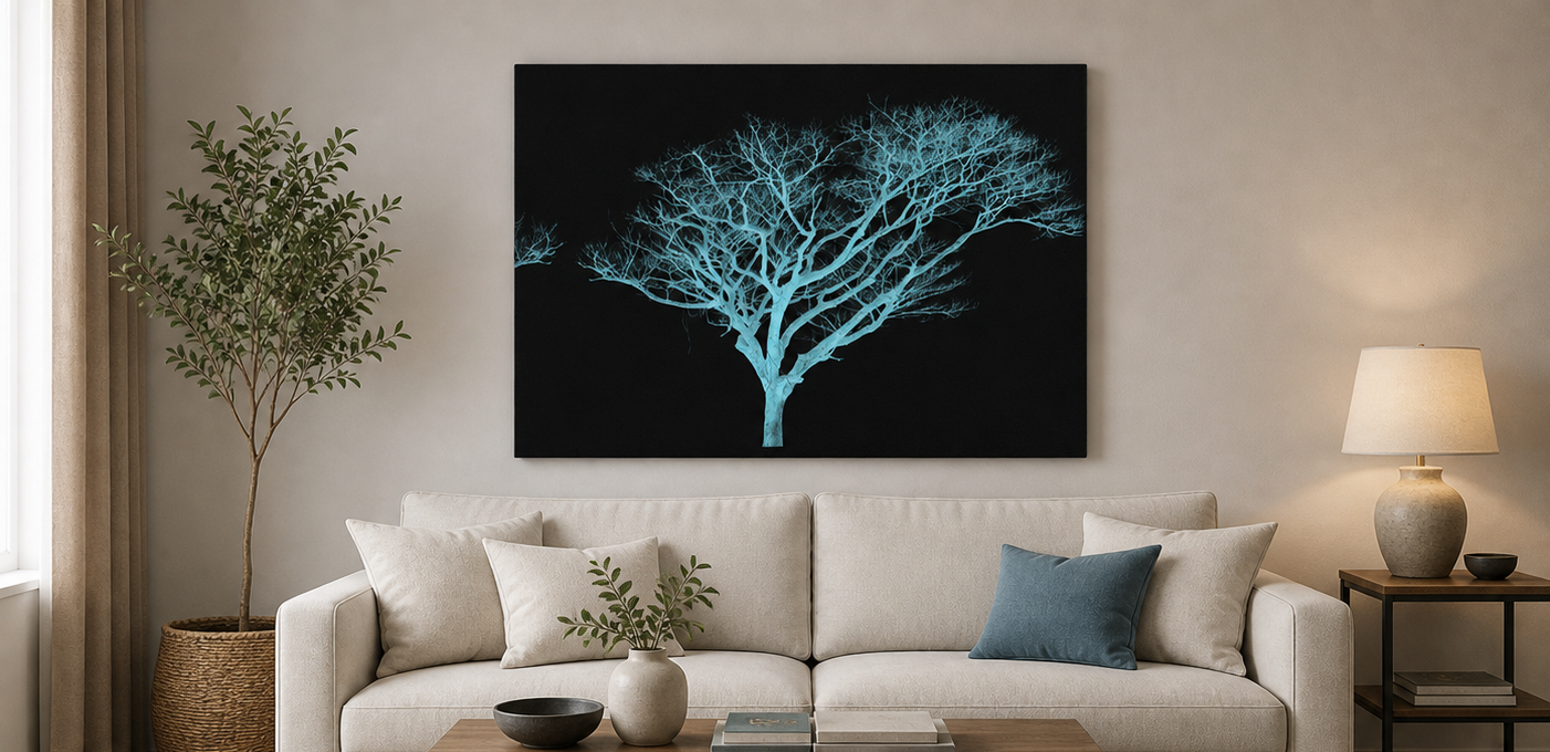 Tree themed wall art in a living room