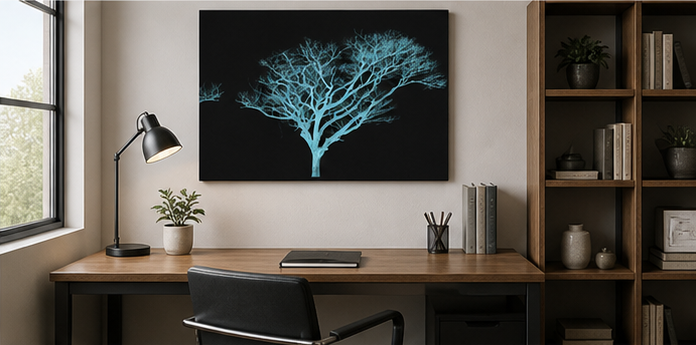 Modern living room with a tree-themed wall art piece, sofa, and decor elements.