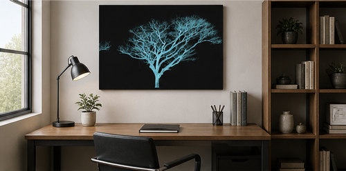 Modern living room with a tree-themed wall art piece, sofa, and decor elements.