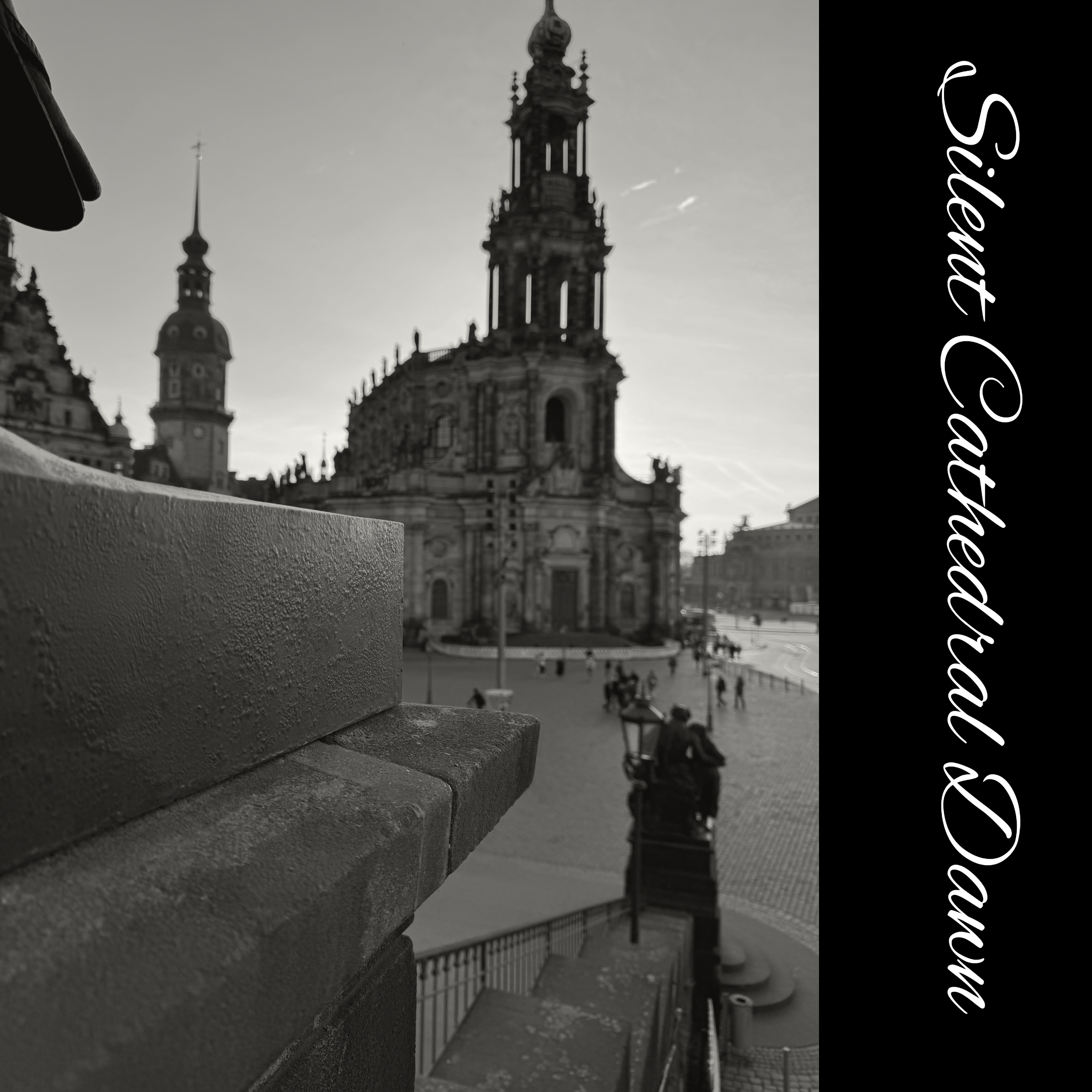Black and white image of a cathedral with people walking around, titled 'Silent Cathedral Dawn'.