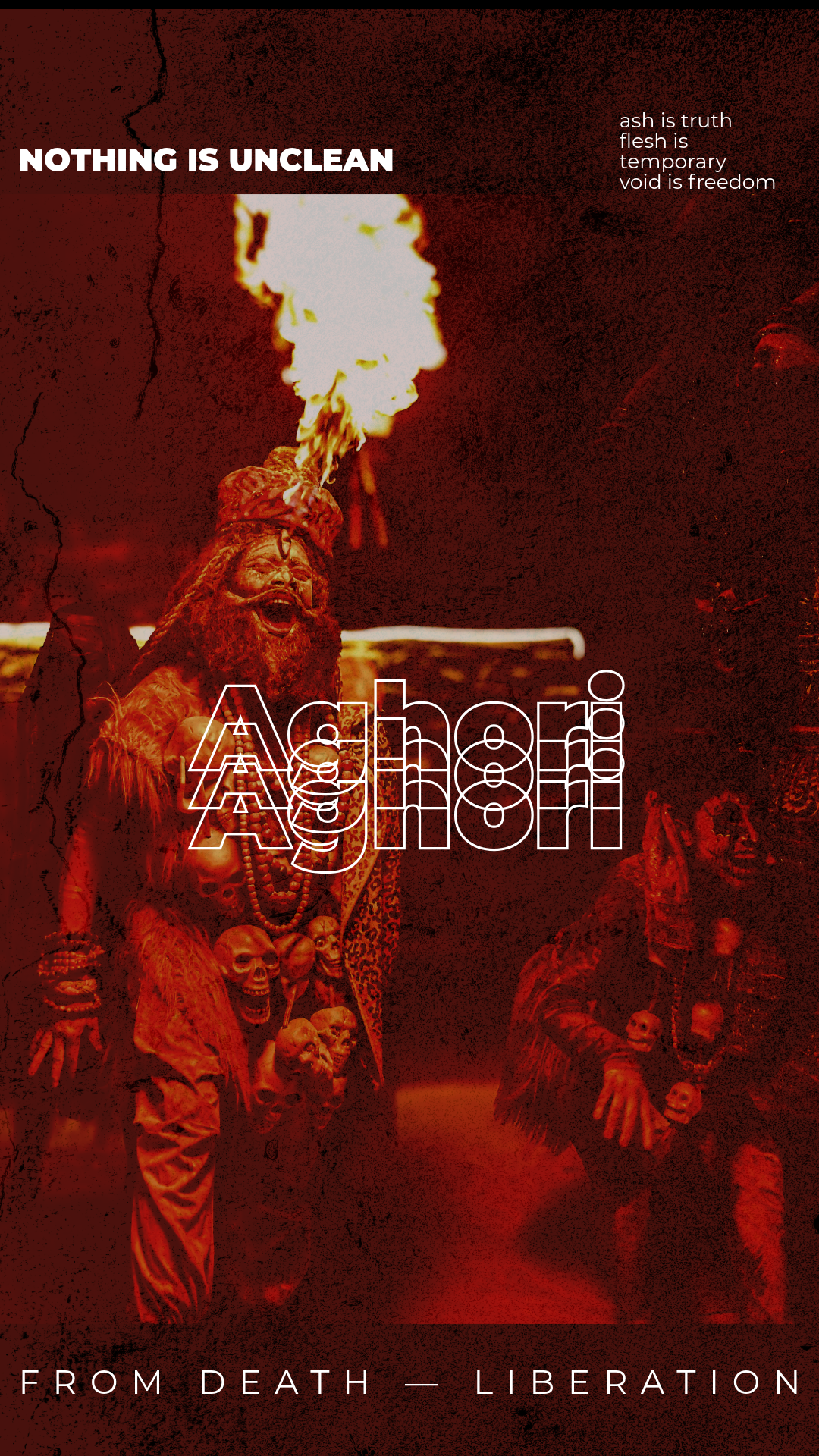 Two figures in a dark, smoky environment with text about 'Aghori' beliefs.